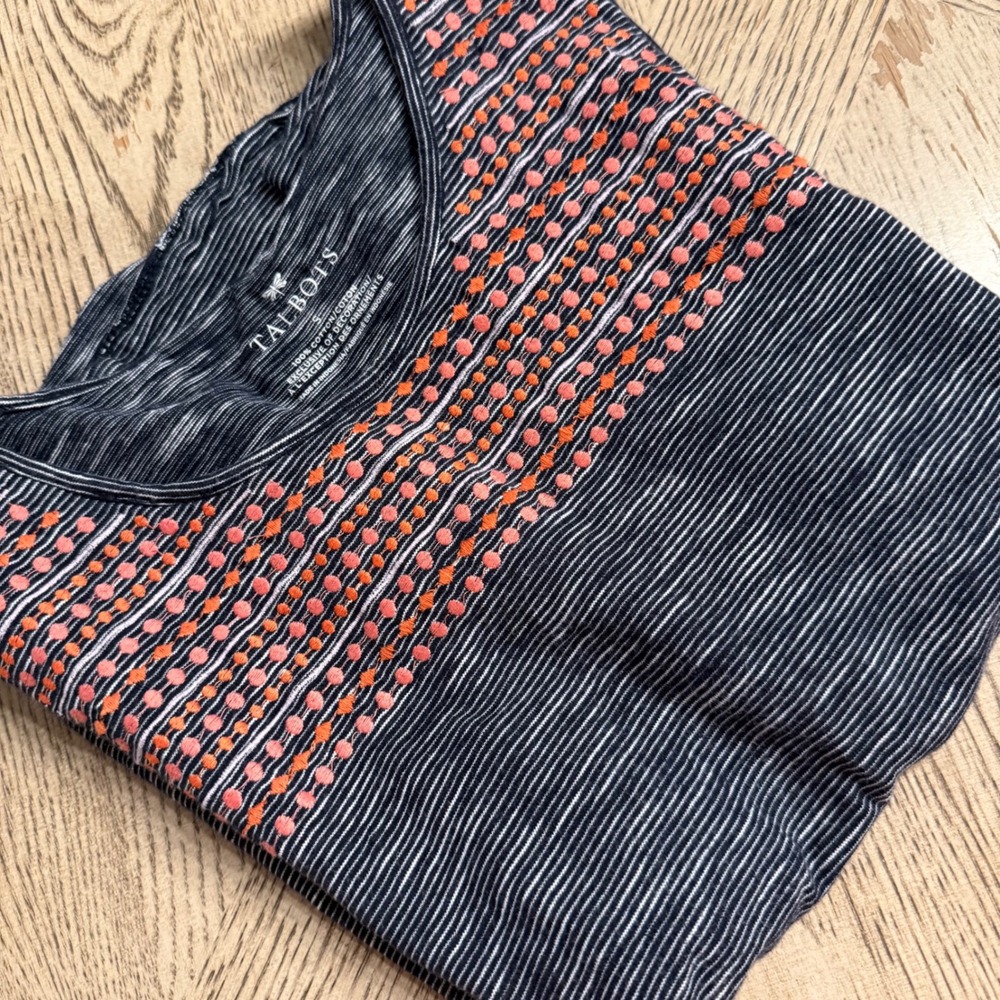 Talbots Navy White Striped Tank Top Orange Pink Embroidered Dot Scoop Neck Small